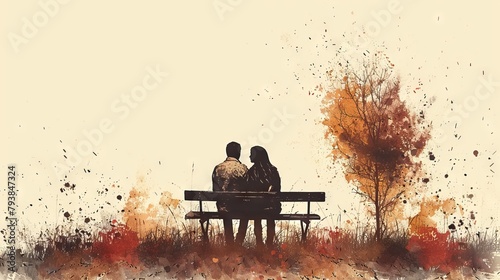 Decorative modern illustration of a couple sitting on a bench and hugging each other on the back. Romantic pair embracing each other from behind.