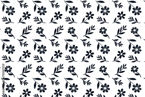 Seamless pattern of cute flower branches with leaves on gray background. Vector illustration 