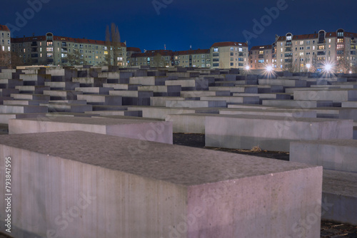 Memorial to the Murdered Jews of Europe at night, detailed shots, abstract, blurring, lens flairs