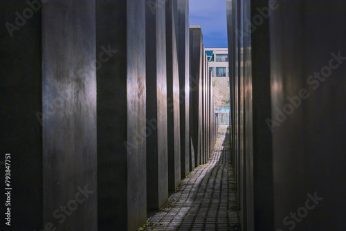Memorial to the Murdered Jews of Europe at night, detailed shots, abstract, blurring, lens flairs