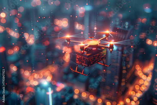 Modern drone with a small package hovers against a sleek smart city skyline muted sunset tones reflecting on polished buildings , 3d illusrtation photo
