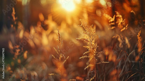 Dry grass in autumn forest at sunset. Macro imag