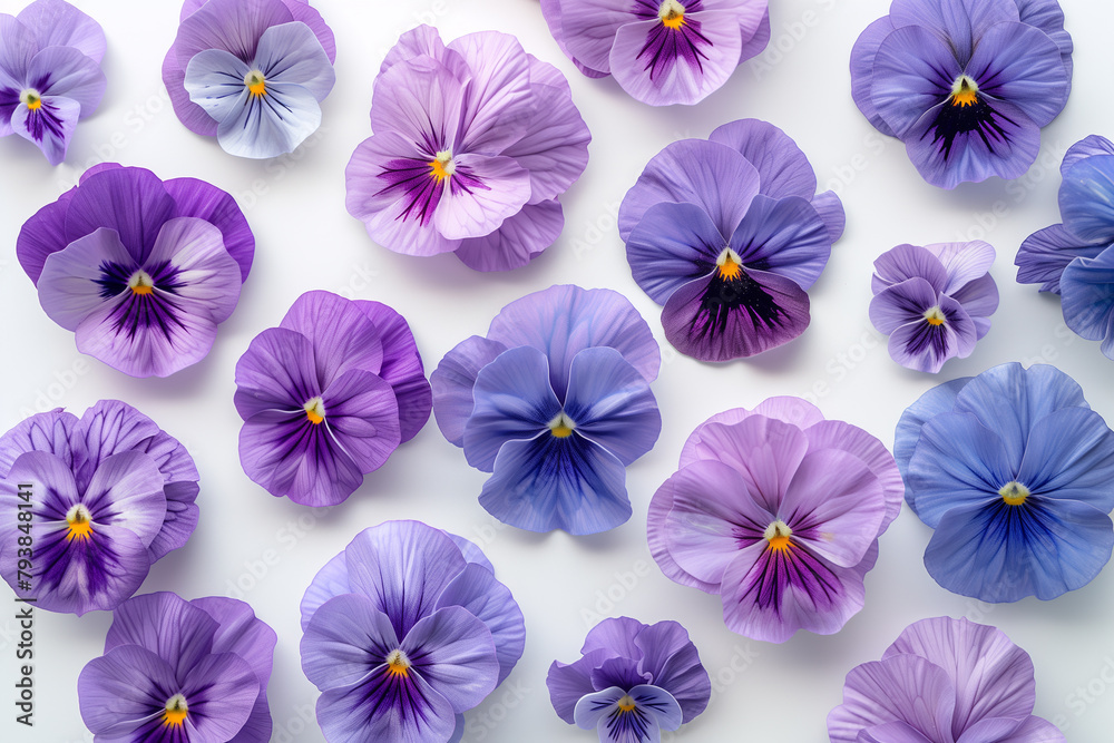 Assortment of fresh purple pansies top view on white background