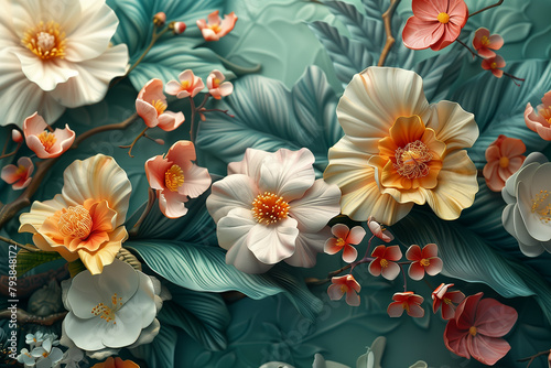 Colorful botanical background 3D illustration