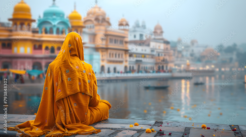 Exploring Cultural Experiences and Diversity. Lifestyle of a Woman Sitting by the River. Back View of a female Embracing Lake. Cityscape thinking scene.