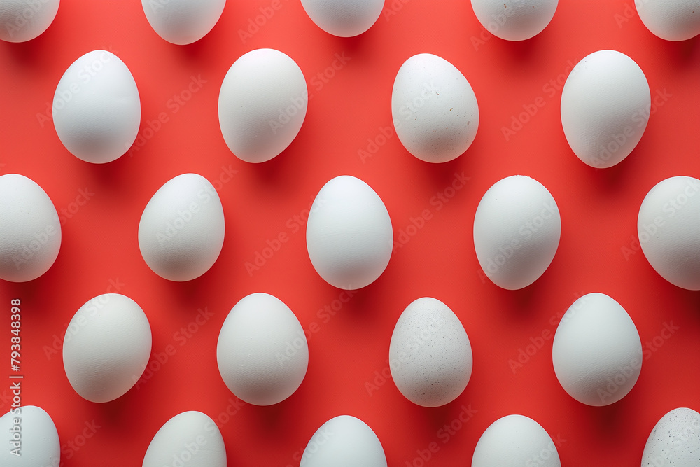 Seamless background of white eggs placed in rows on red table in studio, top view Seamless background of white eggs placed in rows on red table in studio, top view