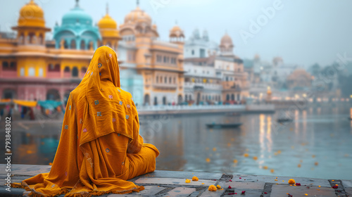 Exploring Cultural Experiences and Diversity. Lifestyle of a Woman Sitting by the River. Back View of a female Embracing Lake. Cityscape thinking scene.
