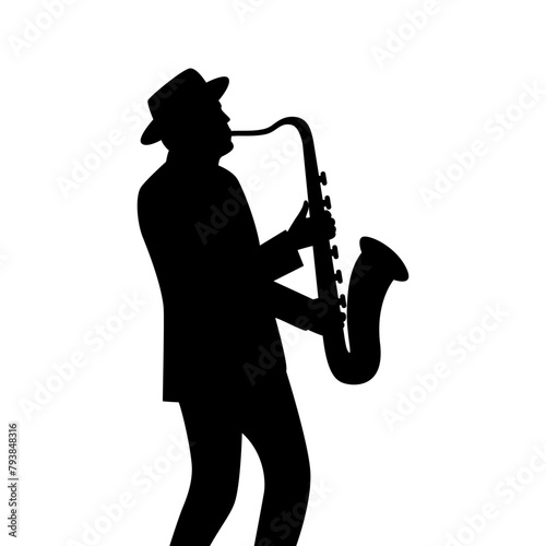 Vector illustration of man playing saxophone silhouette on transparent background