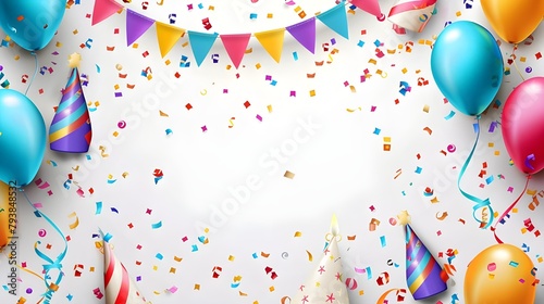 balloons and confetti on white background, Birthday party background, 