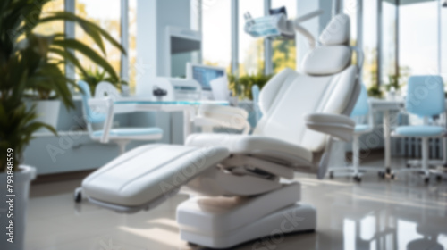 Blurred background, copy space.  Interior of dentist's office.