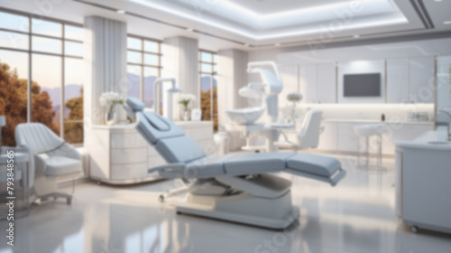 Blurred photo of a dental chair in a brightly lit room. The chair is blue and reclined. 