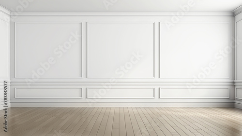 Large empty room with white wall and a pale beige wooden floor.