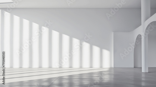 Shadows on a white wall. Corridor with columns