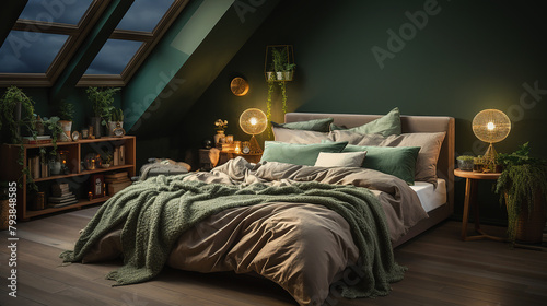 Boho chic style green bedroom in a hotel or home.