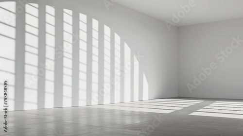 Vertical shadows on a wall, empty white room interior.