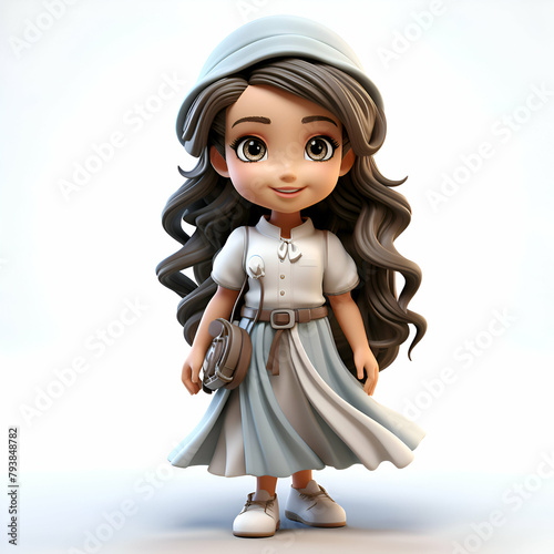 3D Render of Cartoon Little Girl with hat and long hair on white background