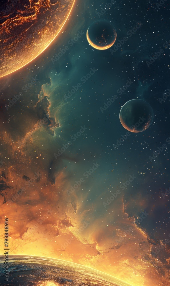 Obraz premium A fiery cosmos with planets in a vibrant orange palette.