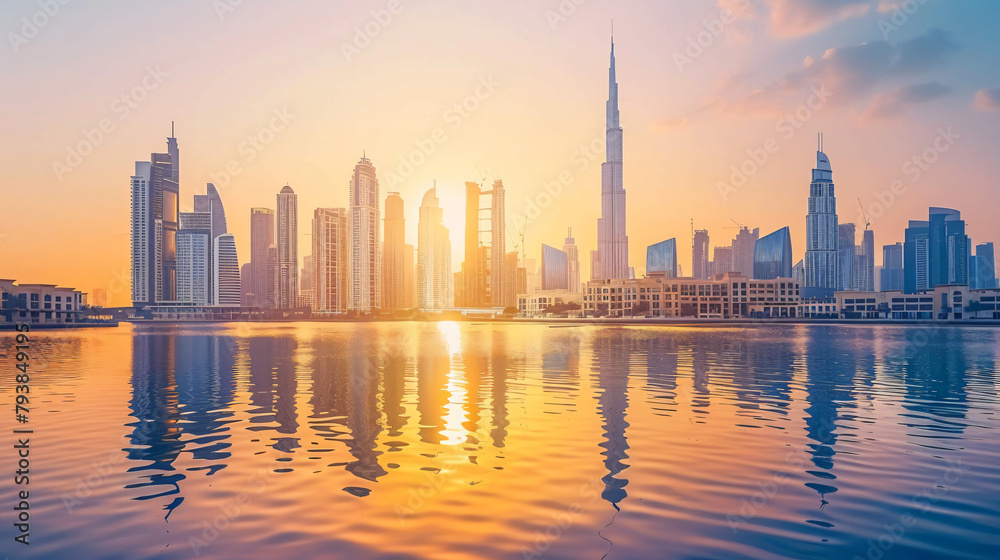 Dubai downtown modern skyscrapers at sunset. Dubai Uni