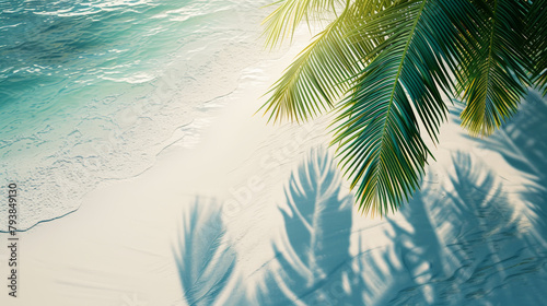 Aesthetic aerial view of white sand coast, light blue ocean and shadows from palm leaves. Luxury holidays. Generative AI