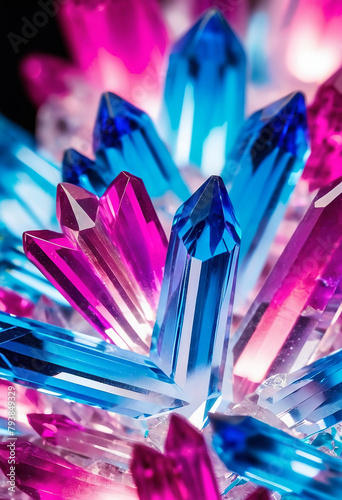 Cluster of transparent colorful crystals, close-up bright abstract blue and pink background