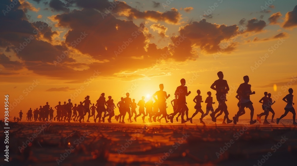 A group of people running towards the setting sun. A group of people running towards the setting sun.