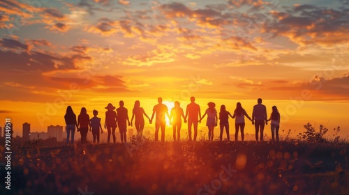 A group of people of all ages holding hands and standing in a field at sunset. photo