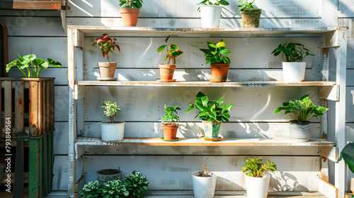 Old wooden shelves painted white with pots of green plants. Gardening concept for storage. Generative AI