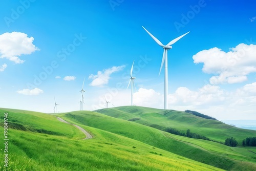 Renewable Horizons. Serene wind turbines dotting green hills beneath a vast expanse of clear blue sky. The concept of using alternative energy sources.