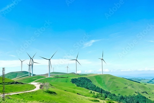 Renewable Horizons. Serene wind turbines dotting green hills beneath a vast expanse of clear blue sky. The concept of using alternative energy sources.