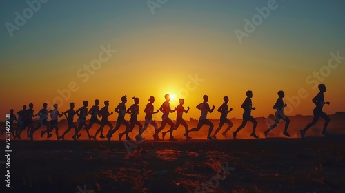 A group of runners are running towards the setting sun.