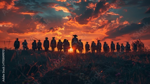 A group of soldiers standing in a field at sunset.