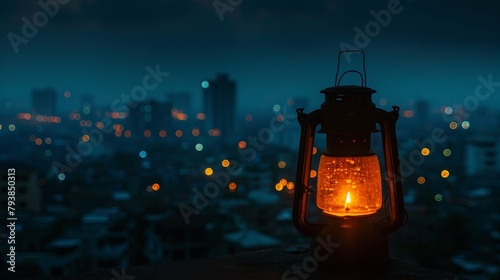 A lantern sits on a ledge overlooking a city at night. photo