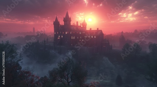 A large castle with a red sunset. photo