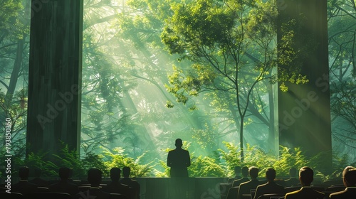A large auditorium filled with people is located in the middle of a lush forest.