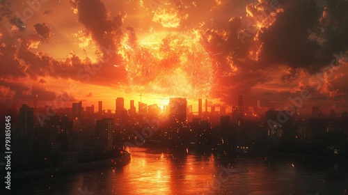 A large fireball rises over a city, casting an orange glow on the buildings and streets below. The sky is filled with smoke and debris, and the city is in ruins. photo