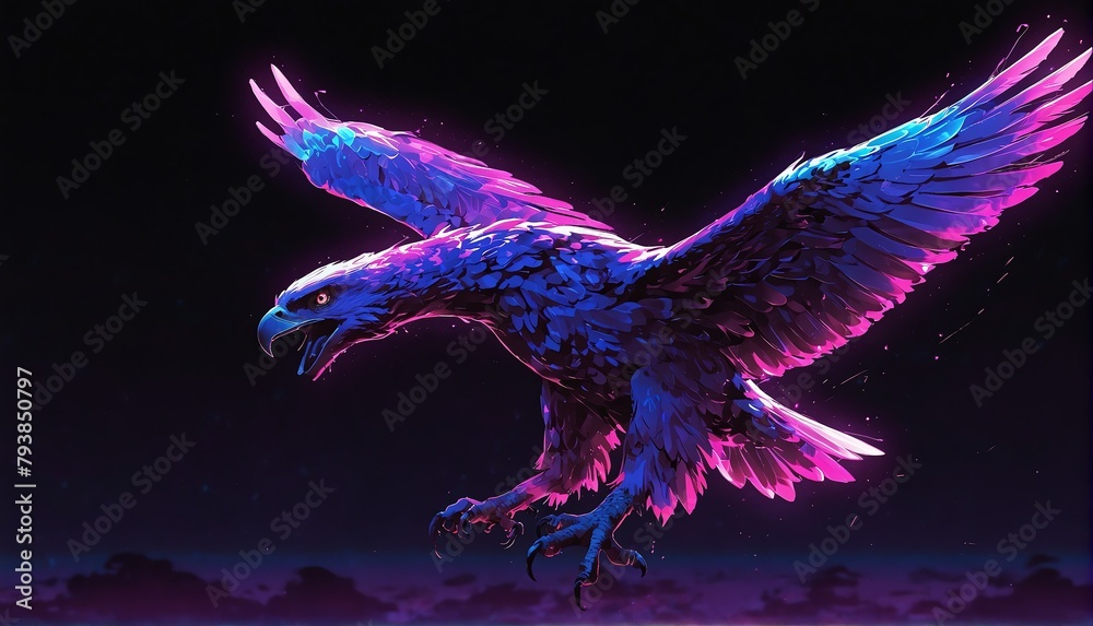 Fototapeta premium purple neon light glowing flying eagle on plain black background from Generative AI