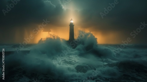 A lighthouse during a stormy night with huge waves crashing against it.