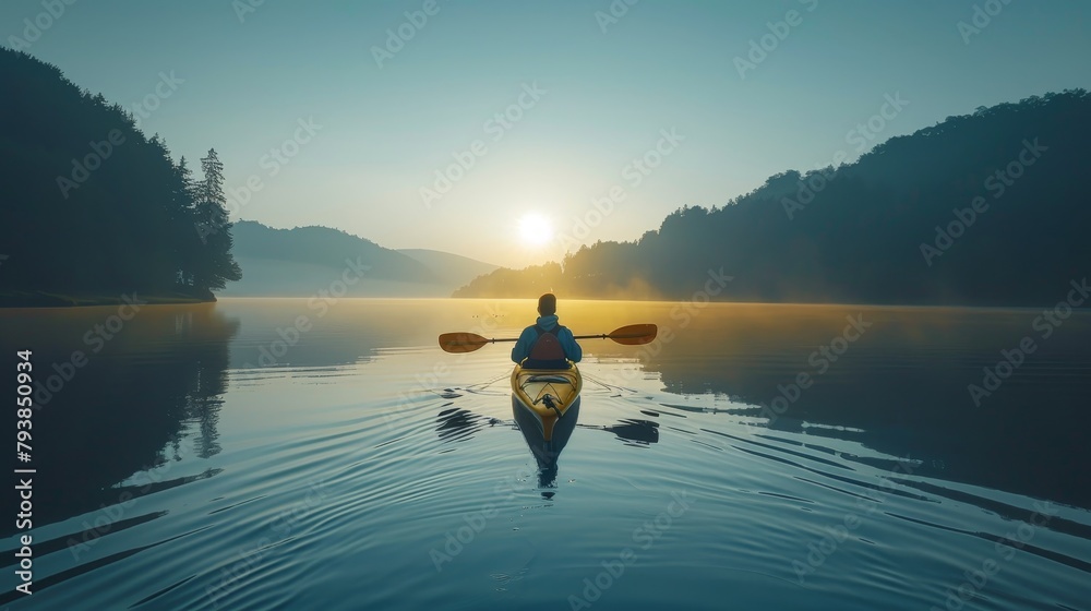 A lone kayaker paddles through a peaceful lake at sunrise.
