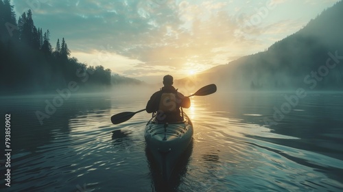 A lone kayaker paddles through a misty lake at sunrise. #793850902