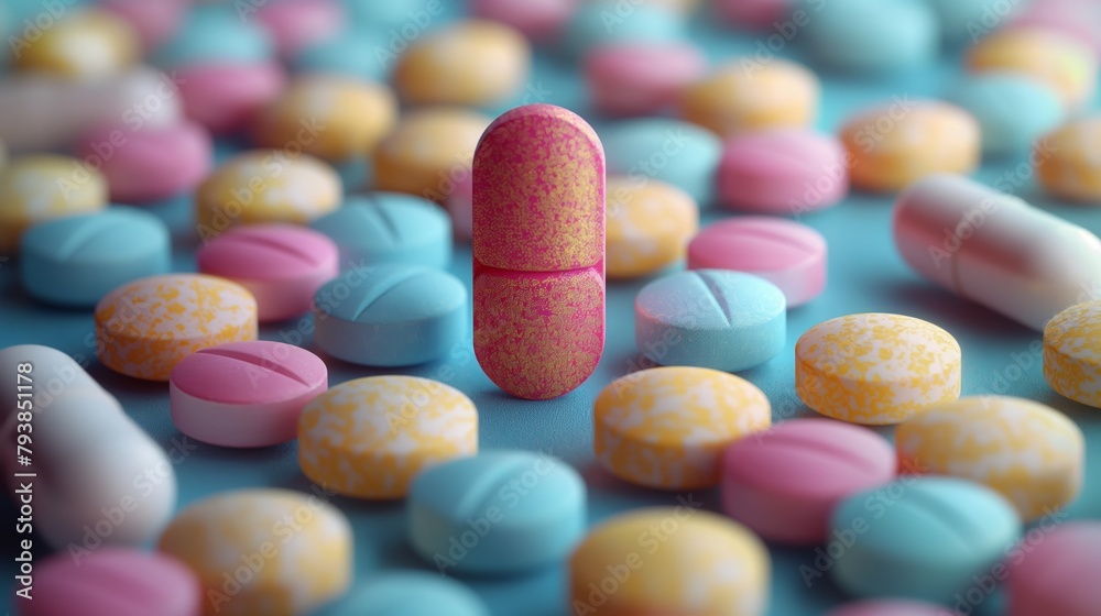 Close-up of colorful, textured pills and capsules; focus on health, wellness, and pharmaceuticals. Vivid gradients, tactile appeal for medical layouts. Ideal for healthcare, clinic ads. Close-up of colorful, textured pills and capsules; focus on health, wellness, and pharmaceuticals. Vivid gradients, tactile appeal for medical layouts. Ideal for healthcare, clinic ads.