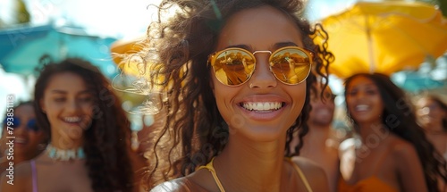 Smiling young lady enjoys a sunny day among a crowd, with reflections in her sunglasses © Odin AI