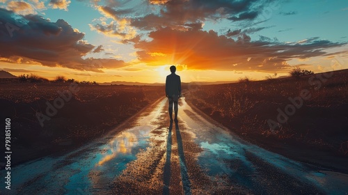A lonely man walking on a wet road into the sunset. photo