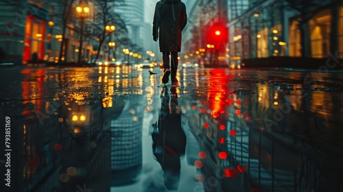 A lonely man walks down a wet city street, his reflection shimmering in the puddles.