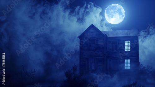 A haunted house shrouded in mist with a full moon and spooky silhouette in the window photo