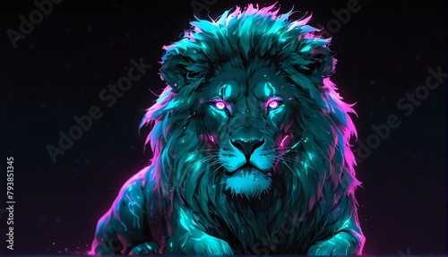 teal neon light glowing lion on plain black background from Generative AI
