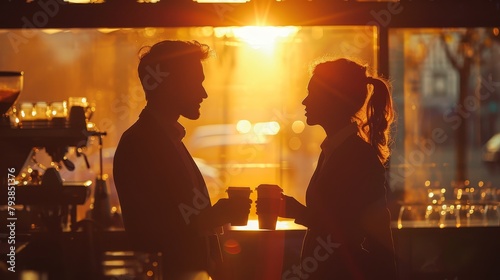 A man and a woman are talking in a coffee shop. The sun is setting outside.