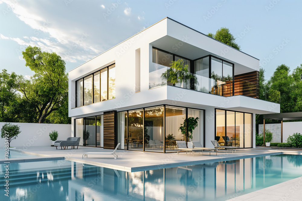 3d rendering, A modern twostory house with pool, terrace and balcony. The building is made of light wood cladding combined with white metal profile. In the background there's an outdoor lounge area. 