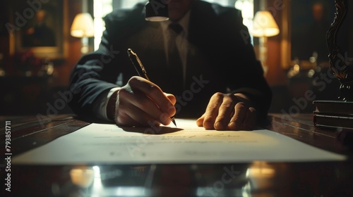 A man in a suit is signing a document.