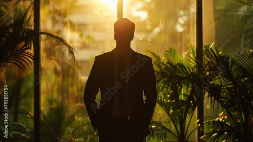 A man in a suit is standing with his back to the camera, looking out at a tropical landscape.