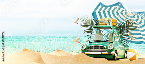 Summer travel concept. Funny green car with summer accessories on beautiful sand beach. 3D Rendering, 3D Illustration